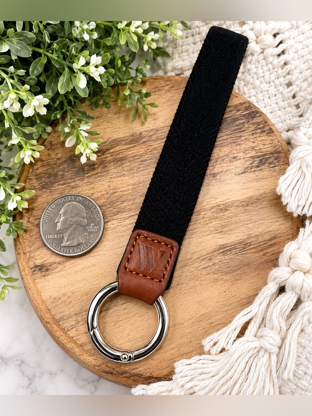 Wrangler Black Stretch Wristlet Keychain Strap W Logo Brown Leather